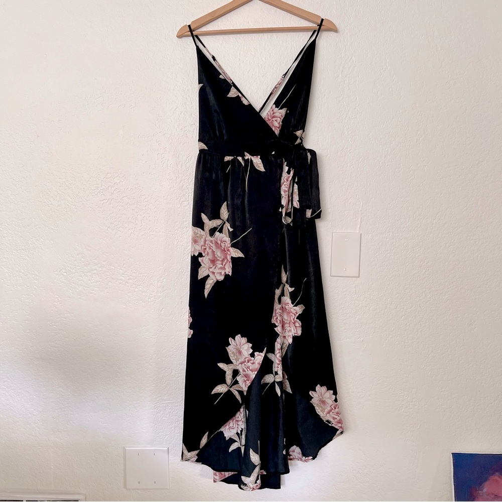Urban Outfitters Black Floral Pink High Low Wrap Dress, Size XS - Picture 2 of 9